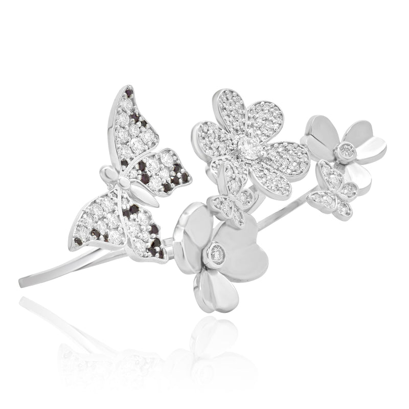14 Karat White Gold Pave White and Purple Diamond Three Finger Butterfly and Flo