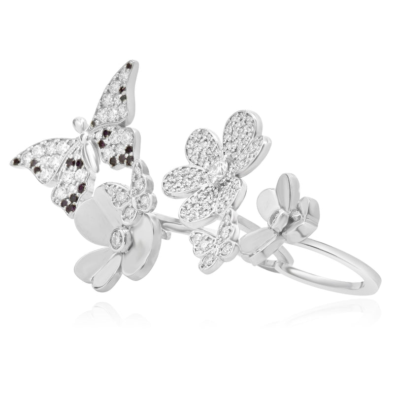 14 Karat White Gold Pave White and Purple Diamond Three Finger Butterfly and Flo