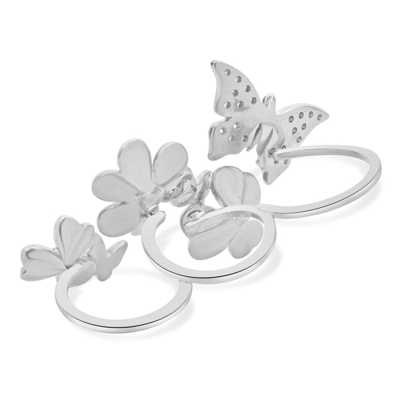 14 Karat White Gold Pave White and Purple Diamond Three Finger Butterfly and Flo
