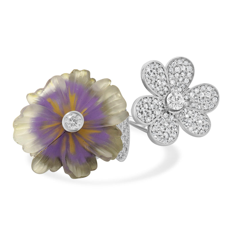 14 Karat White Gold Pave Diamond and Quartz Double Flower Ring