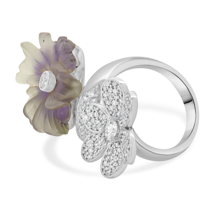 14 Karat White Gold Pave Diamond and Quartz Double Flower Ring