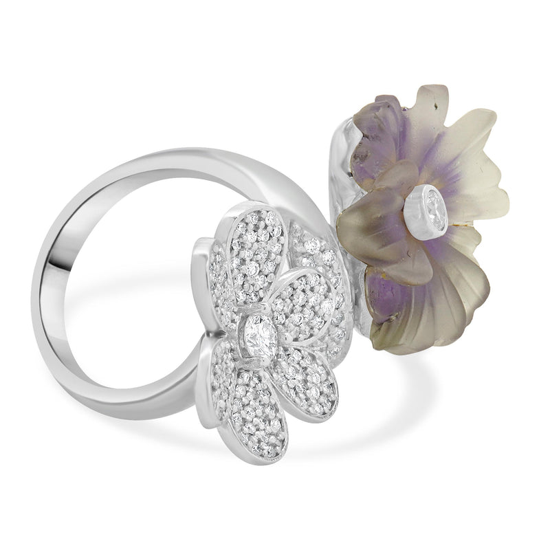 14 Karat White Gold Pave Diamond and Quartz Double Flower Ring