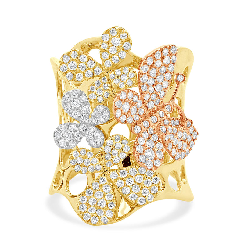 14 Karat Yellow, White, and Rose Gold Pave Diamond Butterfly Stack Ring
