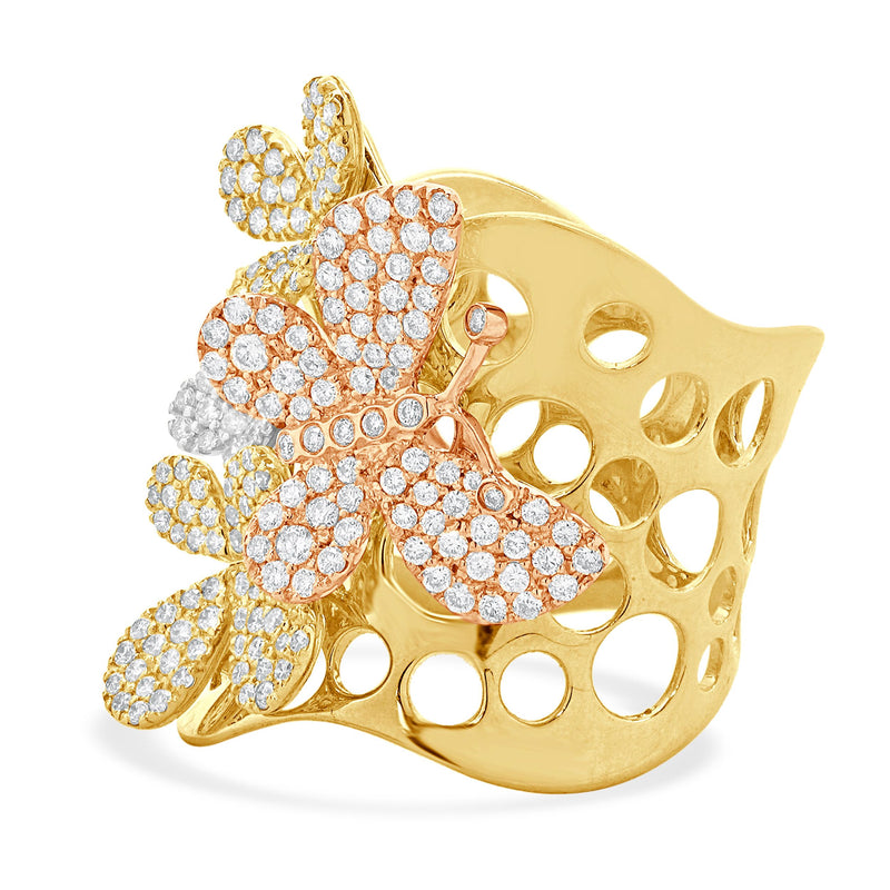 14 Karat Yellow, White, and Rose Gold Pave Diamond Butterfly Stack Ring