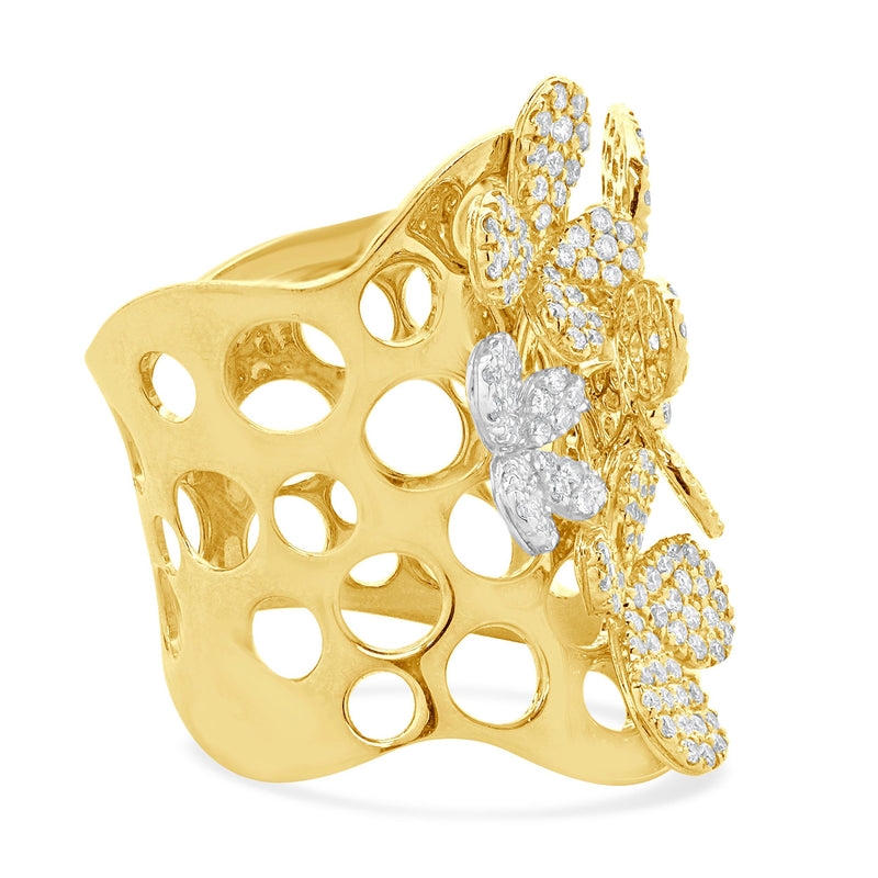 14 Karat Yellow, White, and Rose Gold Pave Diamond Butterfly Stack Ring
