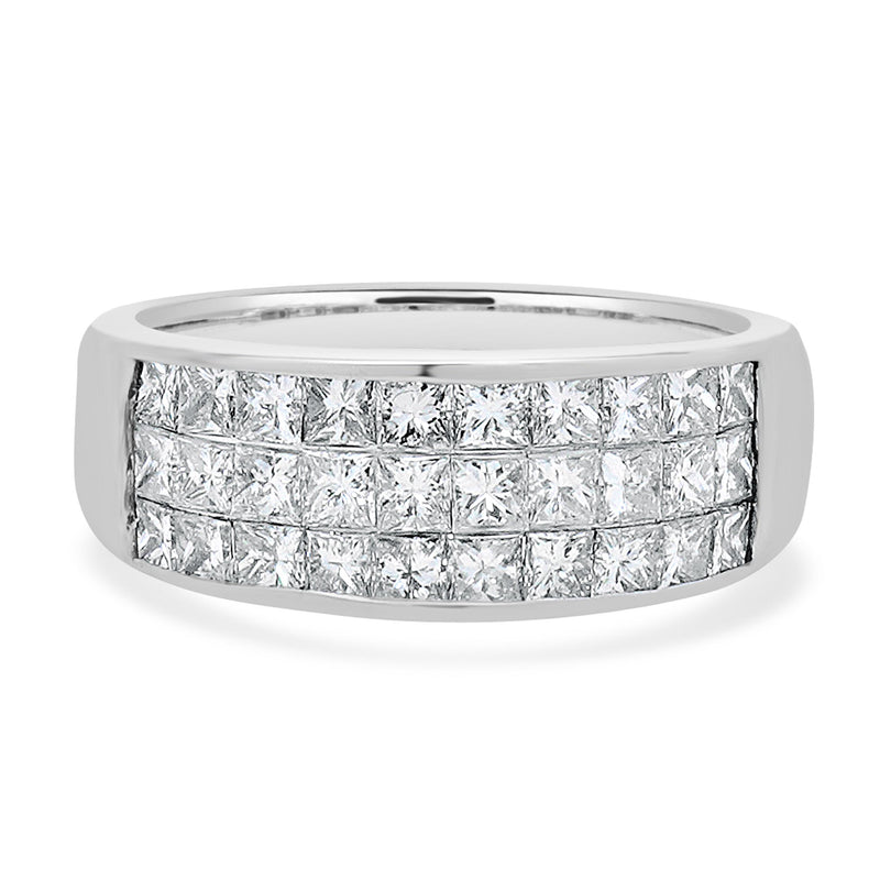 14 Karat White Gold Three Row Invisible Set Diamond Ring
