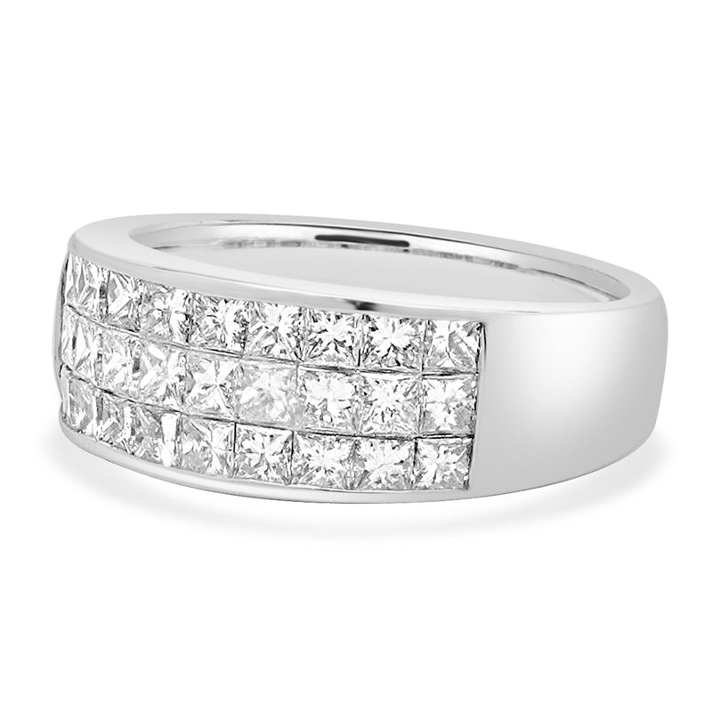 14 Karat White Gold Three Row Invisible Set Diamond Ring