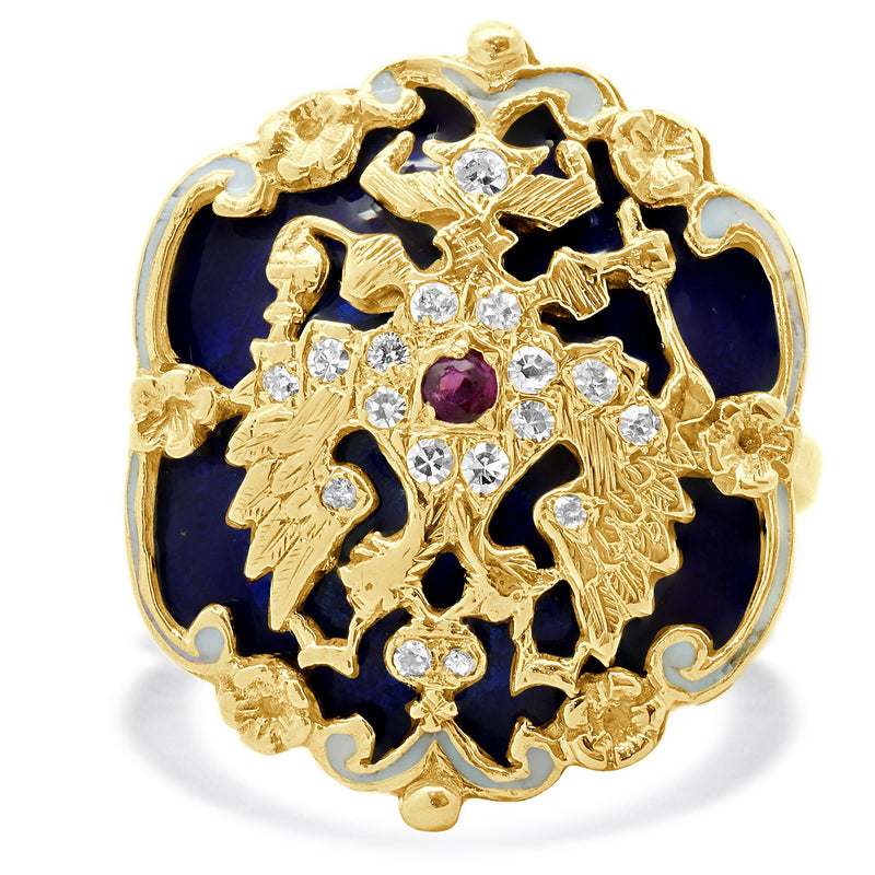 14 Karat Yellow Gold Russian Imperial Eagle Diamond and Enamel Ring