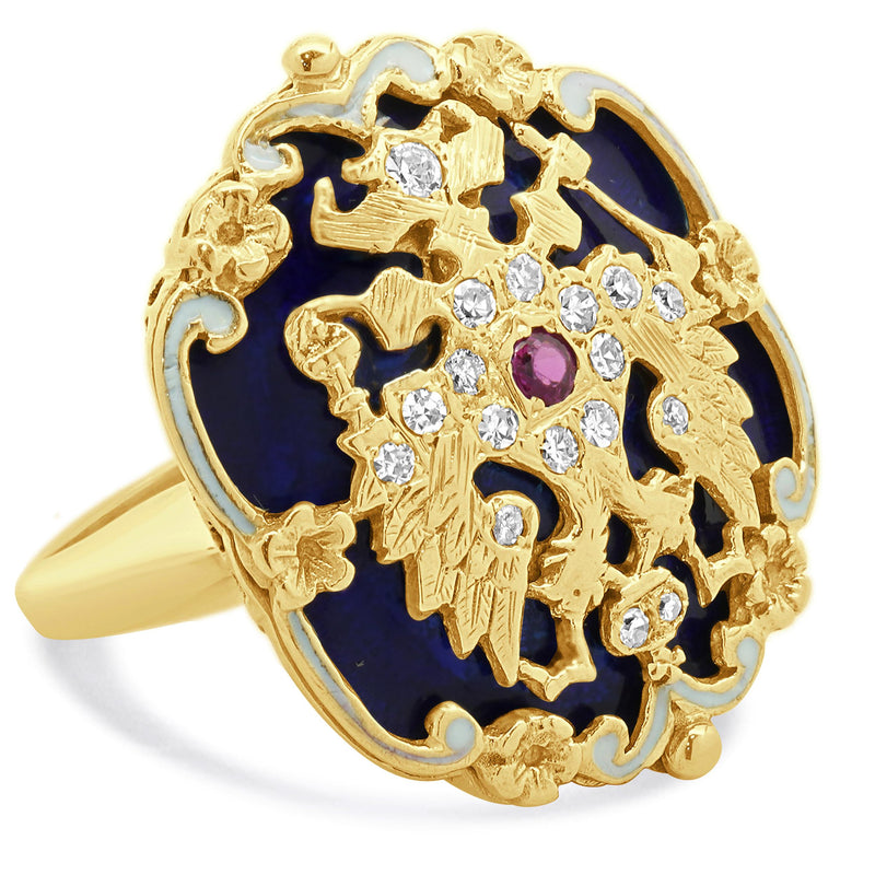 14 Karat Yellow Gold Russian Imperial Eagle Diamond and Enamel Ring