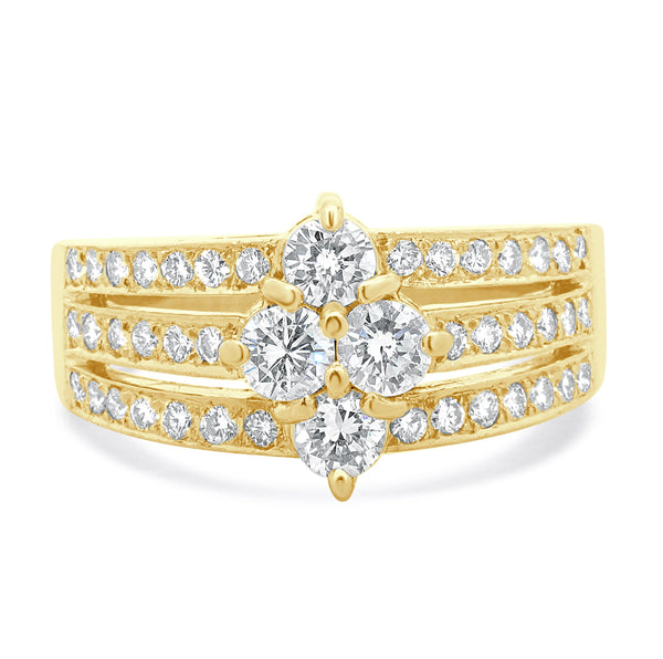 18 Karat Yellow Gold Three Row Diamond Cluster Ring