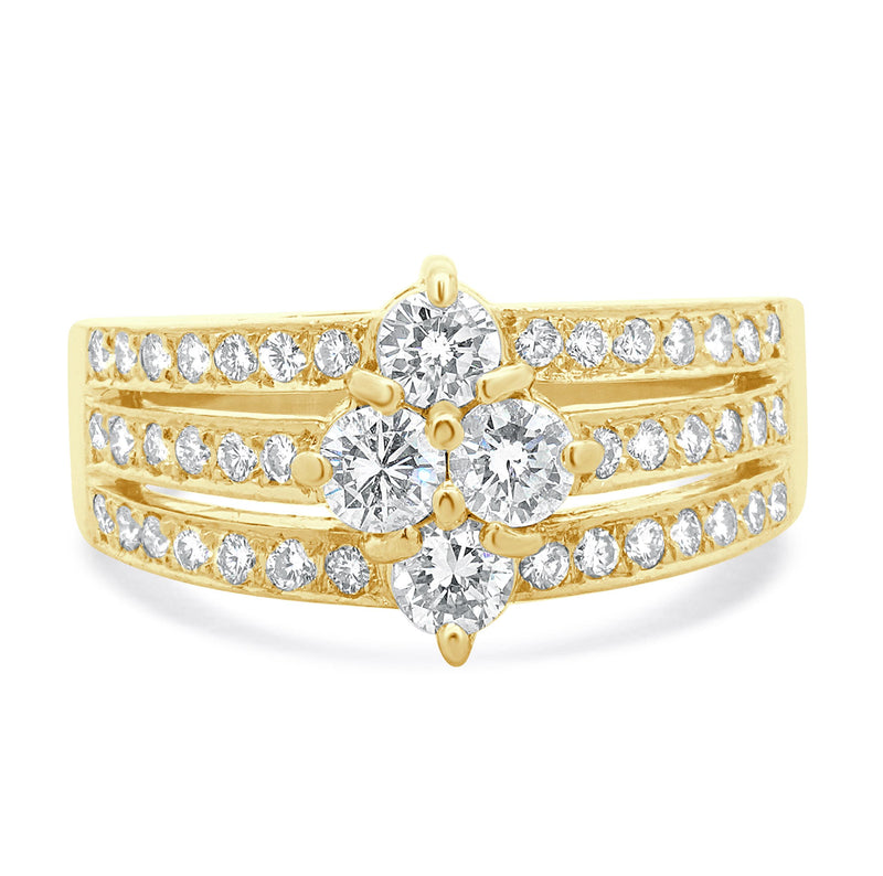 18 Karat Yellow Gold Three Row Diamond Cluster Ring