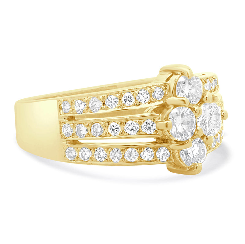 18 Karat Yellow Gold Three Row Diamond Cluster Ring