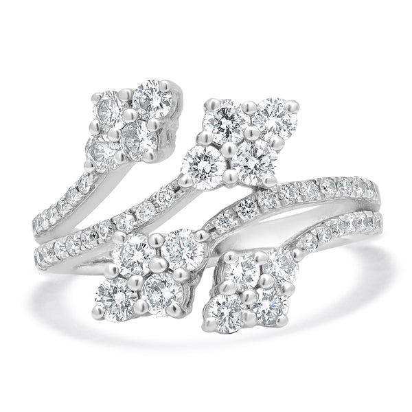 14 Karat White Gold Diamond 4 Cluster Bypass Ring