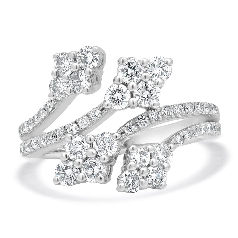 14 Karat White Gold Diamond 4 Cluster Bypass Ring