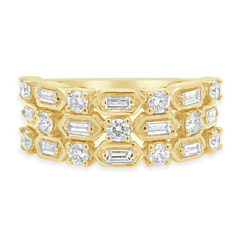 14 Karat Yellow Gold 3-Row Alternating Baguette and Round Diamond Band ...