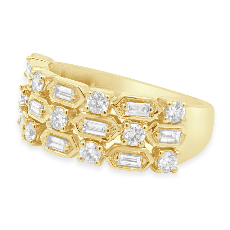 14 Karat Yellow Gold 3-Row Alternating Baguette and Round Diamond Band ...