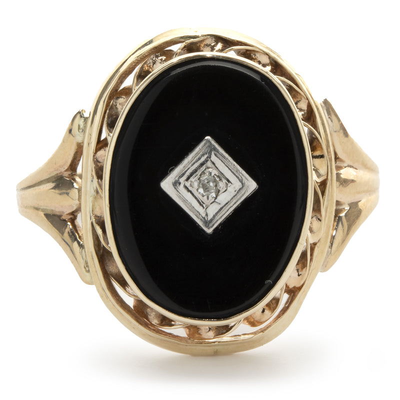 10 Karat Yellow Gold Vintage Black Onyx and Diamond Signet Ring