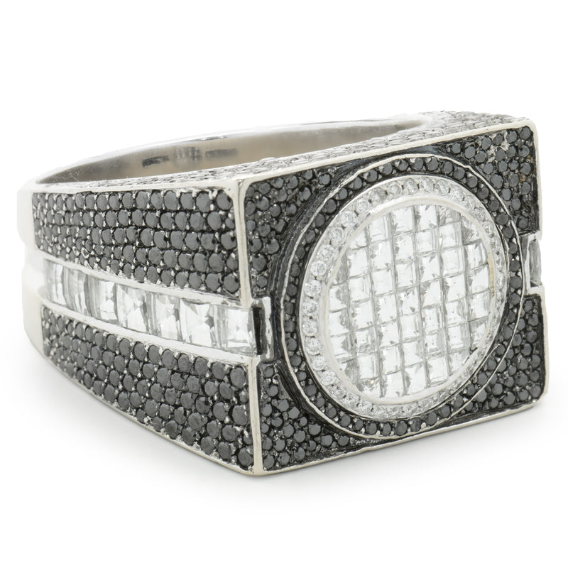 18 Karat White Gold Pave Black Diamond and Invisible Set White Diamond Signet Style Ring