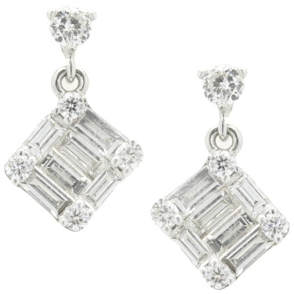 14 Karat White Gold Round and Baguette Cut Diamond Mosaic Set Drop Earrings