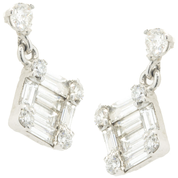 14 Karat White Gold Round and Baguette Cut Diamond Mosaic Set Drop Earrings