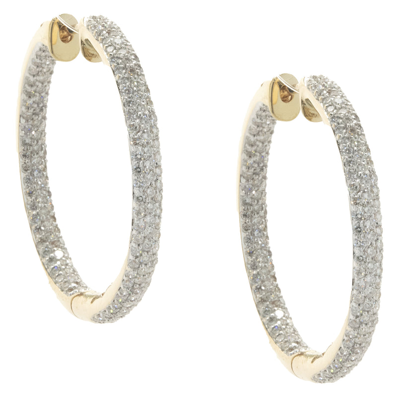 18 Karat Yellow Gold Pave Diamond Inside Outside Hoop Earrings