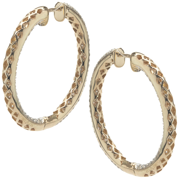 18 Karat Yellow Gold Pave Diamond Inside Outside Hoop Earrings