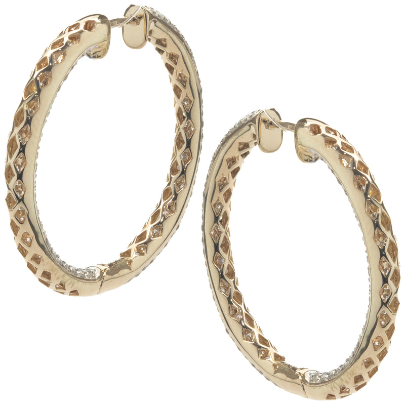 18 Karat Yellow Gold Pave Diamond Inside Outside Hoop Earrings