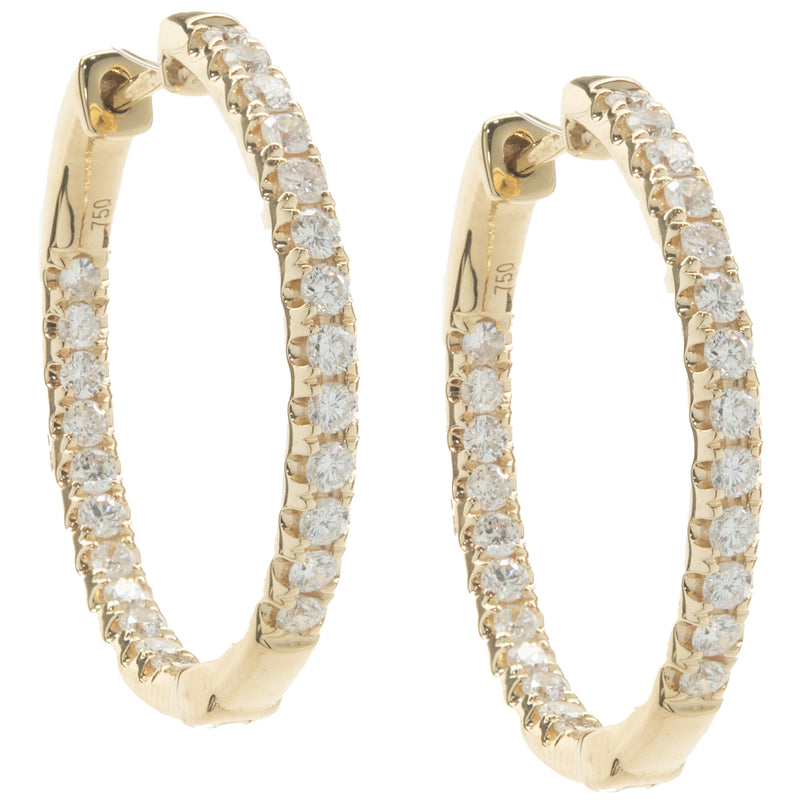 18 Karat Yellow Gold Diamond Inside Outside Hoop Earrings