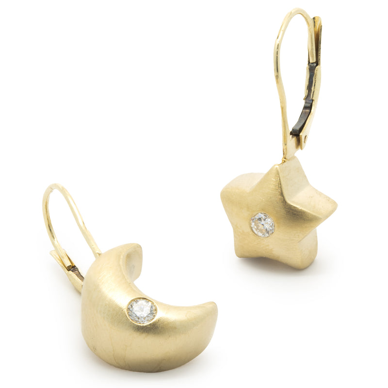 14 Karat Yellow Gold Diamond Star and Moon Puff Drop Earrings