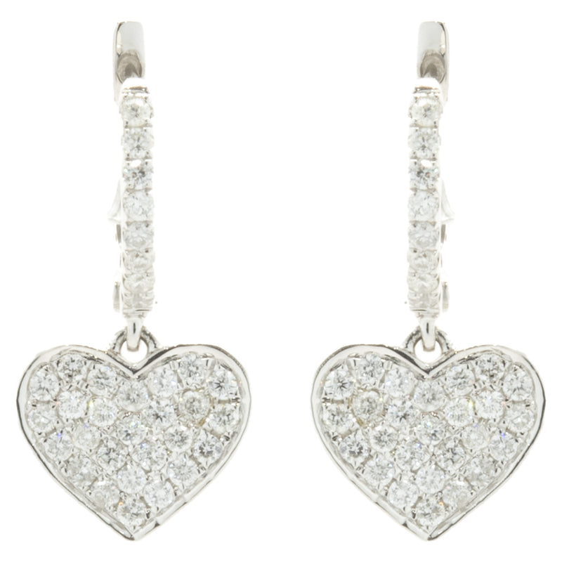 14 Karat White Gold Pave Diamond Heart Drop Earrings