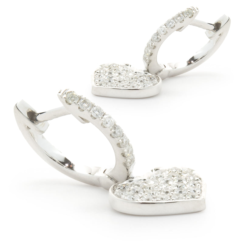 14 Karat White Gold Pave Diamond Heart Drop Earrings