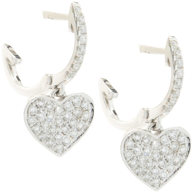 14 Karat White Gold Pave Diamond Heart Drop Earrings