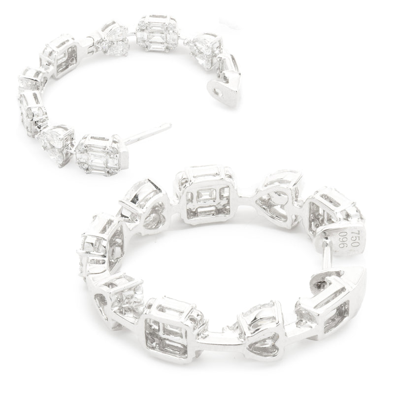 18 Karat White Gold Mosaic Set Multi Shape Diamond Inside Outside Hoop Earrings