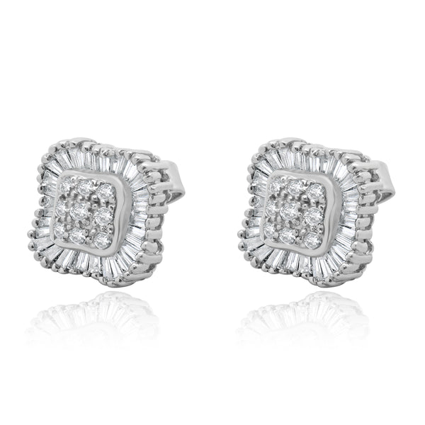 14 Karat White Gold Round and Baguette Cut Diamond Cluster Stud Earrings