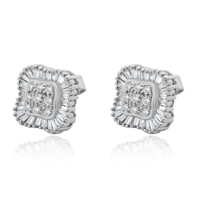 14 Karat White Gold Round and Baguette Cut Diamond Cluster Stud Earrings