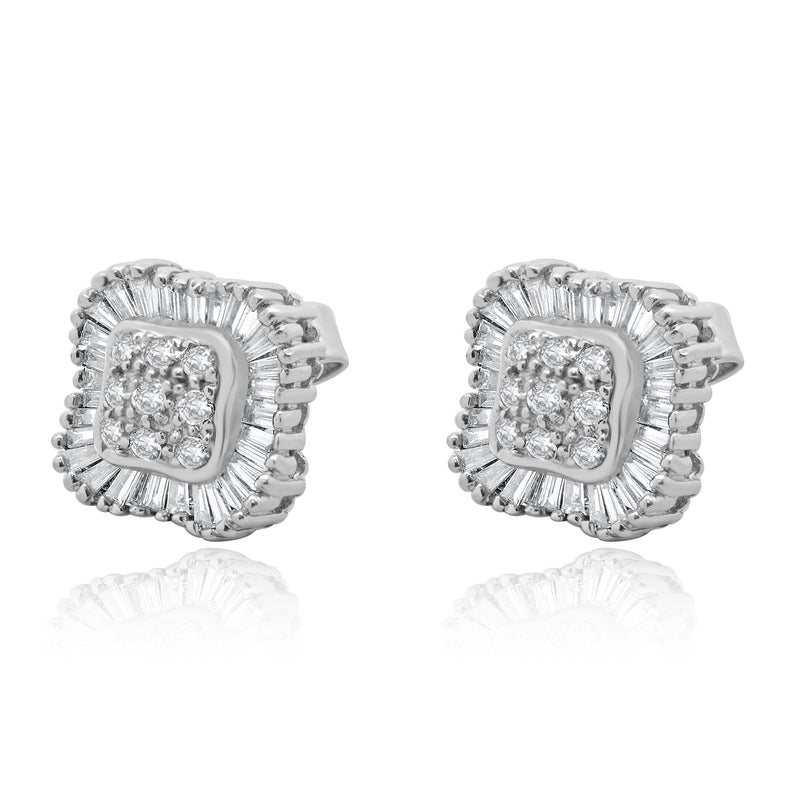 14 Karat White Gold Round and Baguette Cut Diamond Cluster Stud