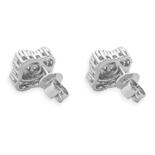 14 Karat White Gold Round and Baguette Cut Diamond Cluster Stud Earrings