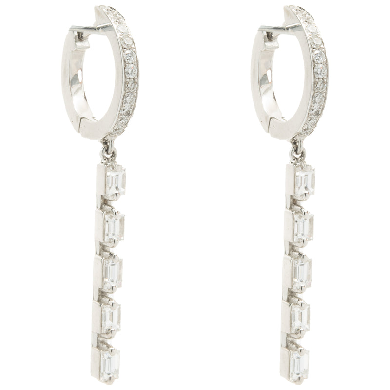 14 Karat White Gold Baguette and Round Brilliant Cut Diamond Stick Drop Earrings