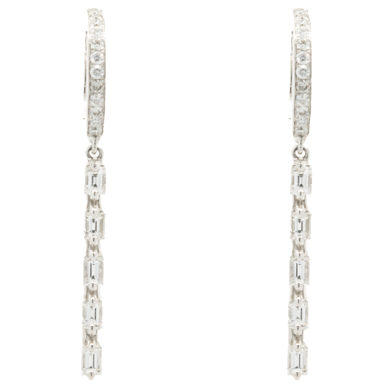14 Karat White Gold Baguette and Round Brilliant Cut Diamond Stick Drop Earrings