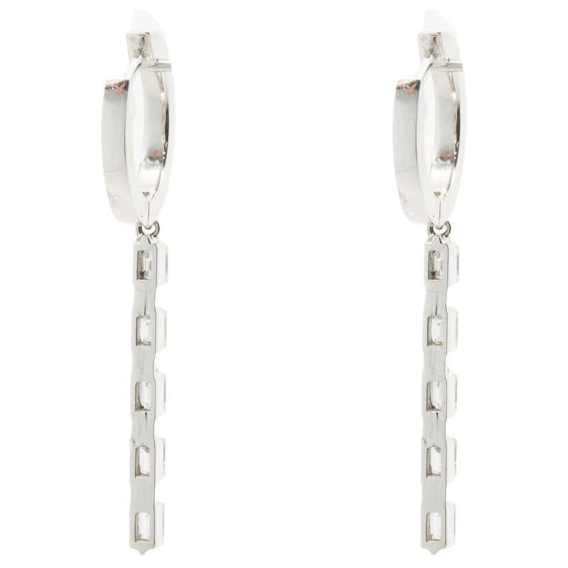 14 Karat White Gold Baguette and Round Brilliant Cut Diamond Stick Drop Earrings