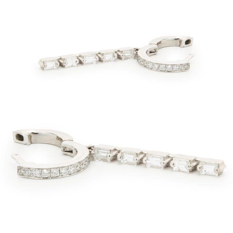 14 Karat White Gold Baguette and Round Brilliant Cut Diamond Stick Drop Earrings