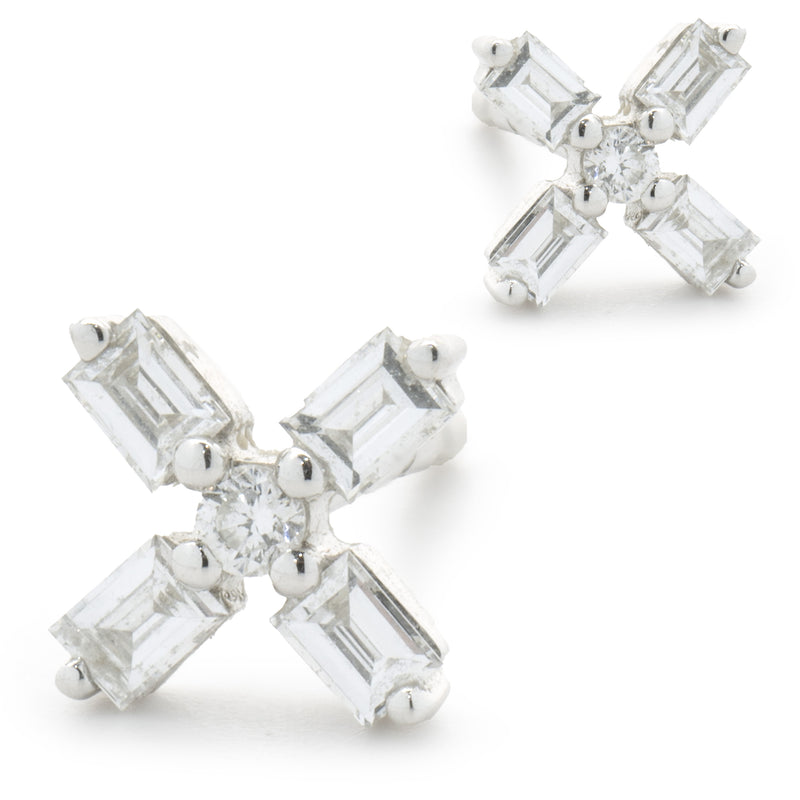 14 Karat White Gold Baguette Cut Diamond X Stud Earrings