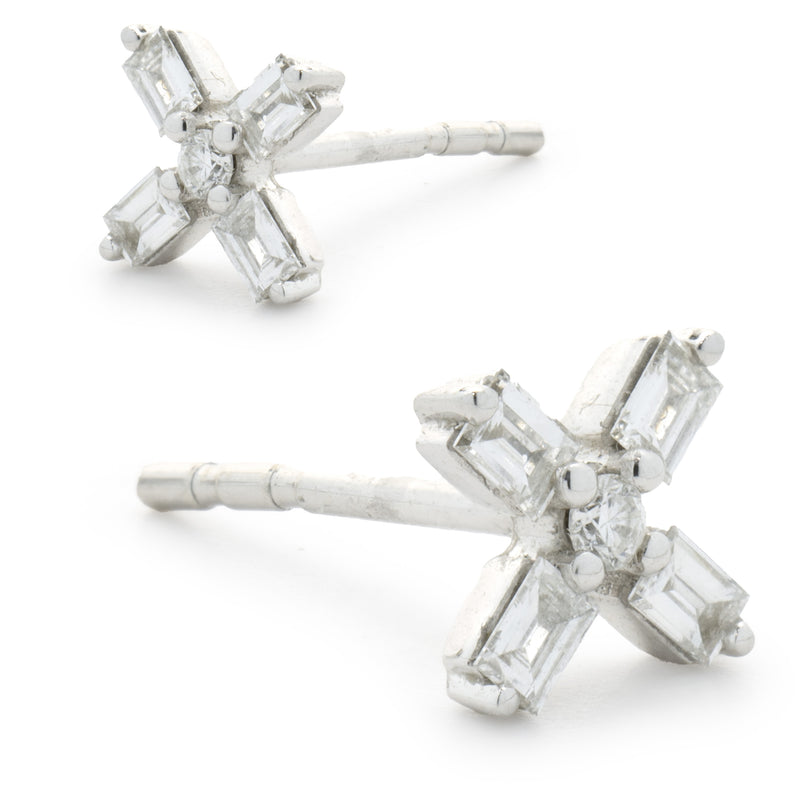 14 Karat White Gold Baguette Cut Diamond X Stud Earrings