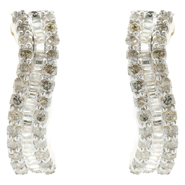 14 Karat Yellow Gold Round and Baguette Diamond Wave Hoop Earrings