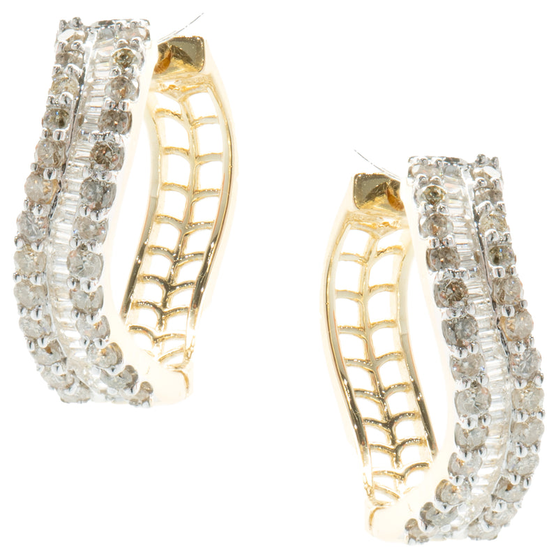 14 Karat Yellow Gold Round and Baguette Diamond Wave Hoop Earrings