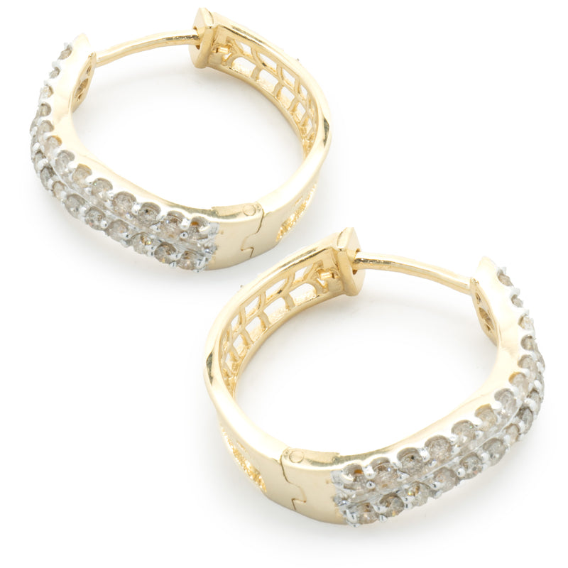 14 Karat Yellow Gold Round and Baguette Diamond Wave Hoop Earrings