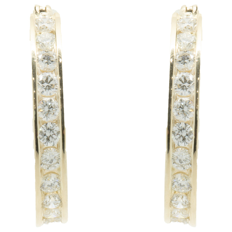 14 Karat Yellow Gold Diamond Channel Set Hoop Earrings