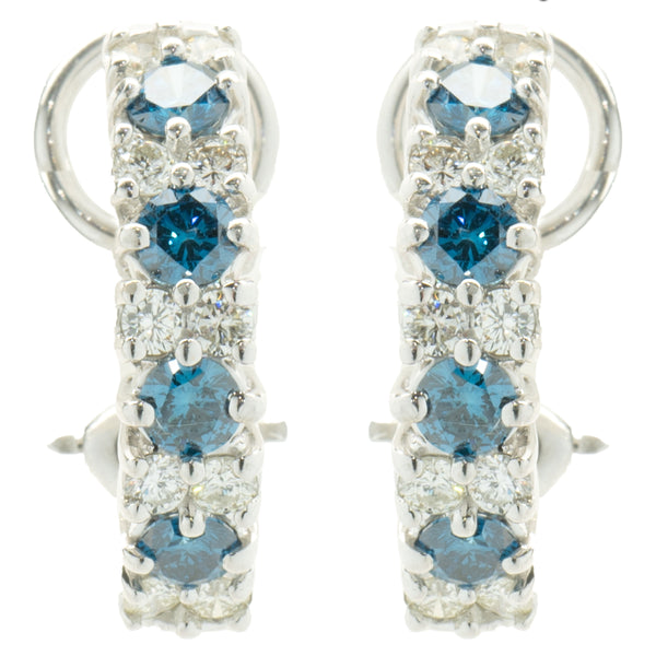 18 Karat White Gold Alternating Blue and White Diamond J Style Hoop Earrings