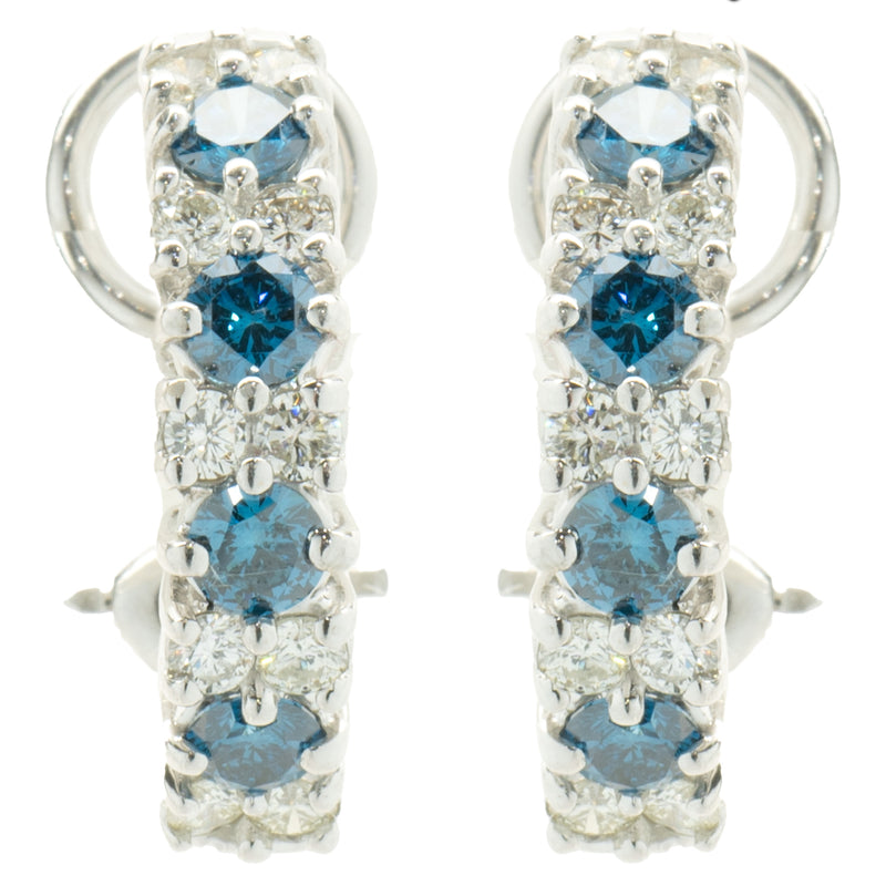 18 Karat White Gold Alternating Blue and White Diamond J Style Hoop Earrings