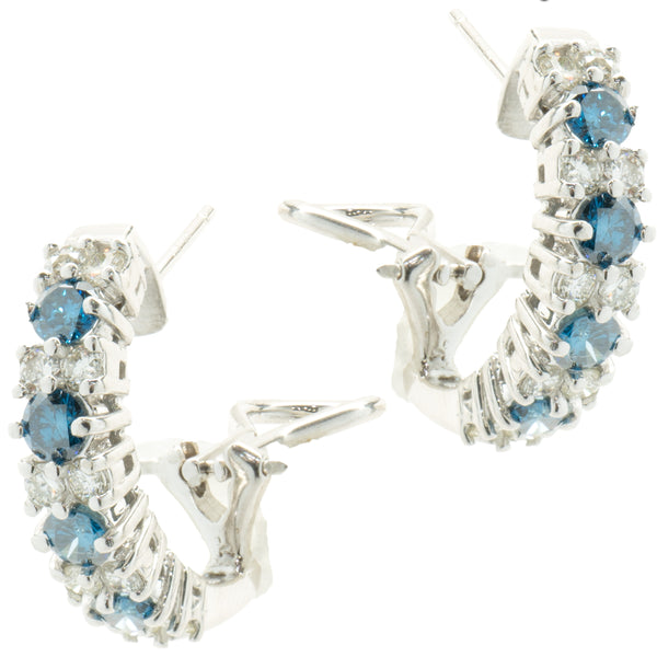 18 Karat White Gold Alternating Blue and White Diamond J Style Hoop Earrings